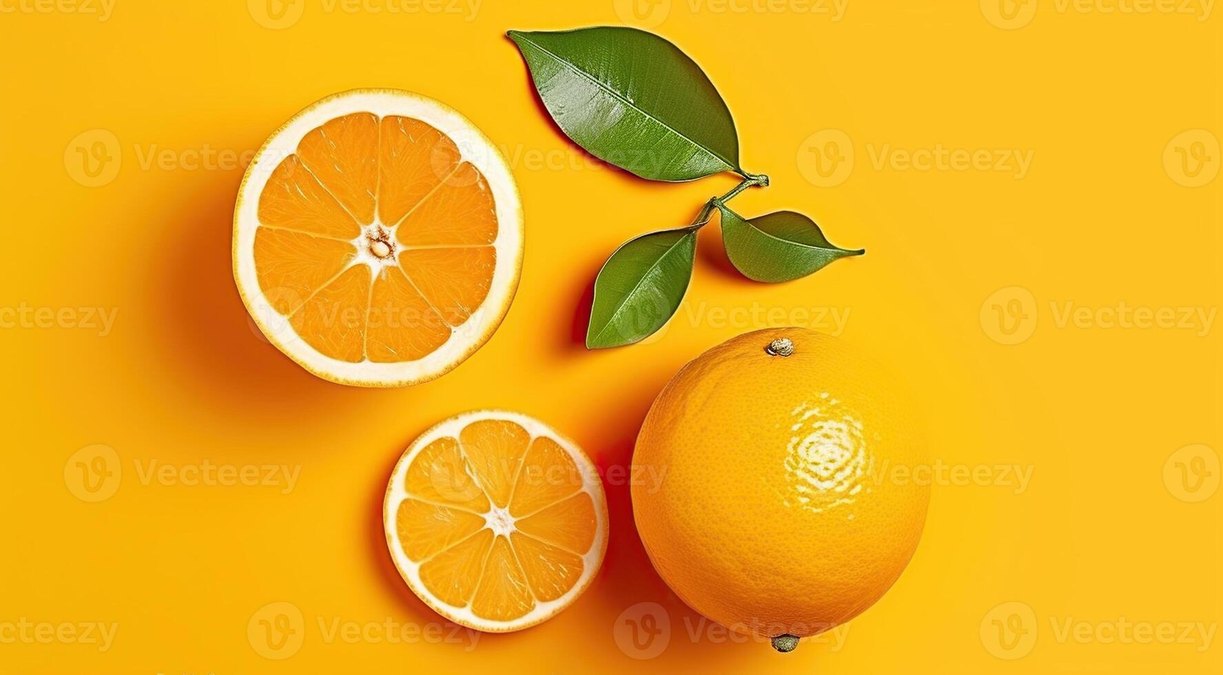 Juicy organic whole and halved oranges with green leaves and visible core texture, isolated yellow background, Macro shot of bright citrus fruit slices. Generative AI photo