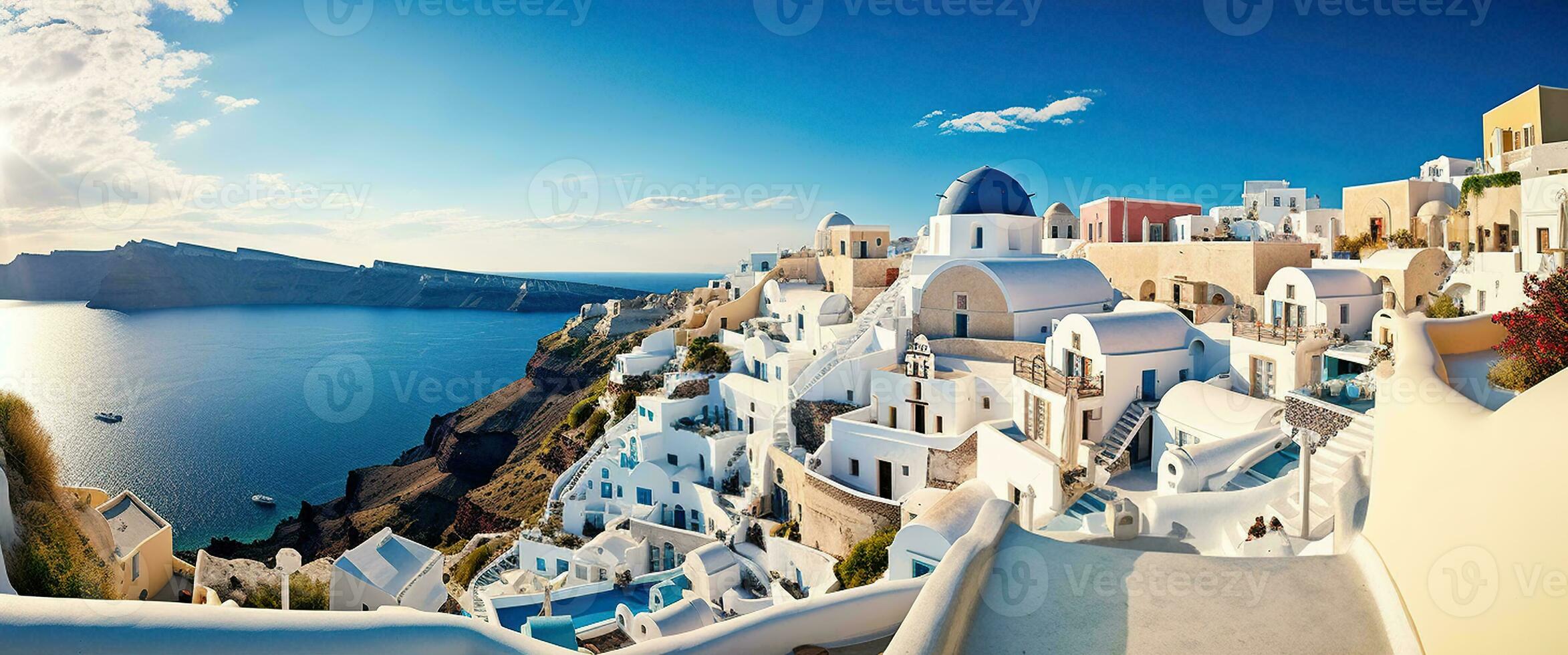 panorama de el pueblo de oia en el griego isla de santorini generativo ai foto