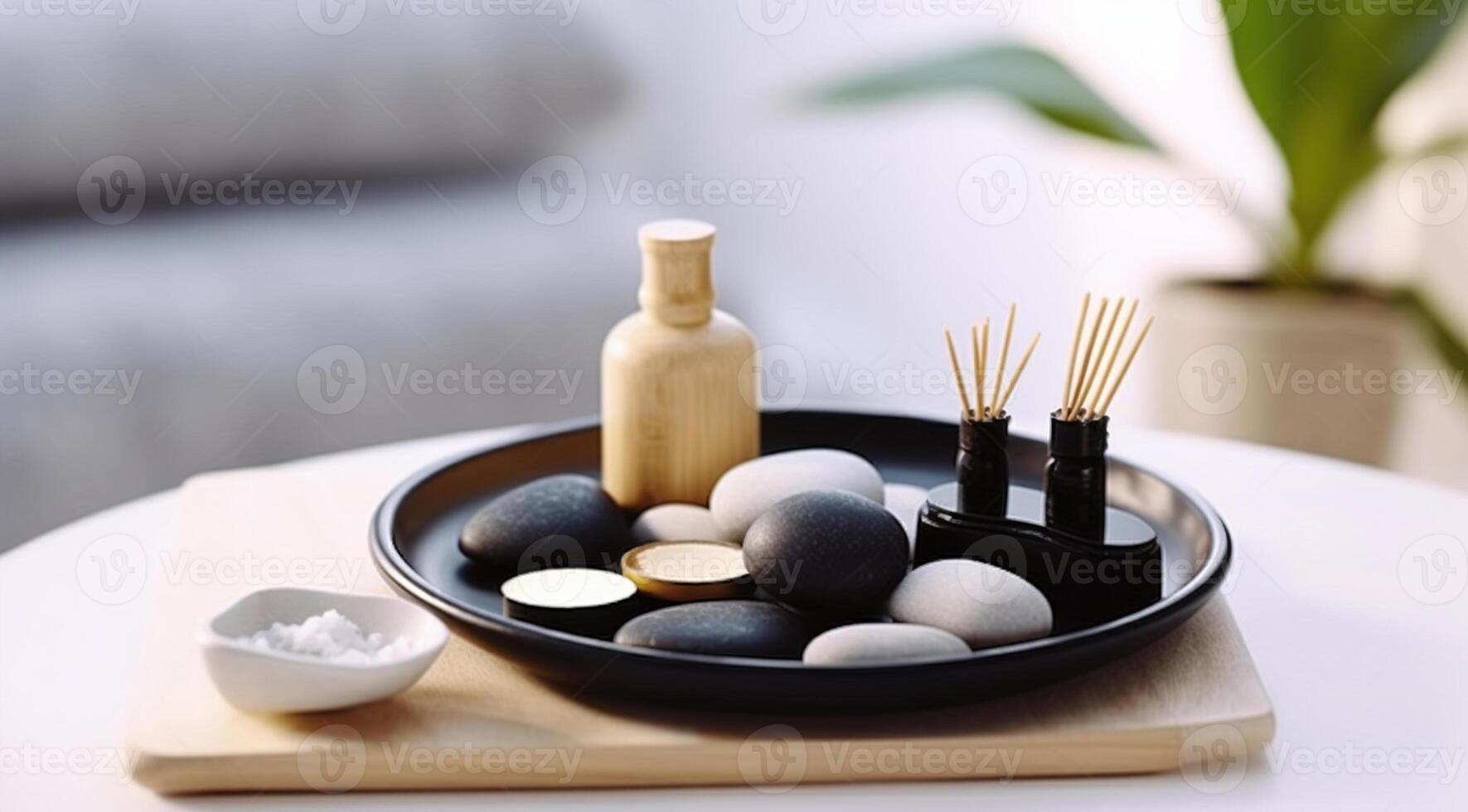 Stone therapy attributes for cosmetic procedures on a massage table. Symbolic objects for spa salon. top view, photo
