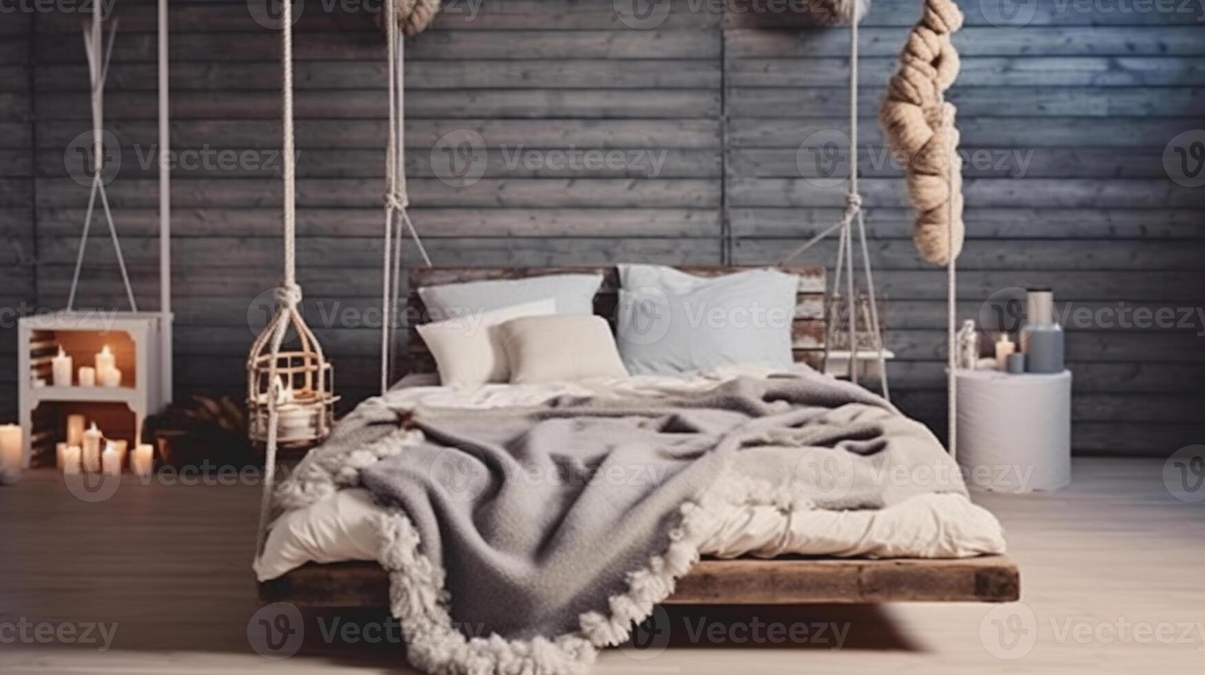 Cozy Bed Suspended from the Ceiling, Adorned with a Grey Big Knit Blanket, Candles, and Scandinavian Style. photo
