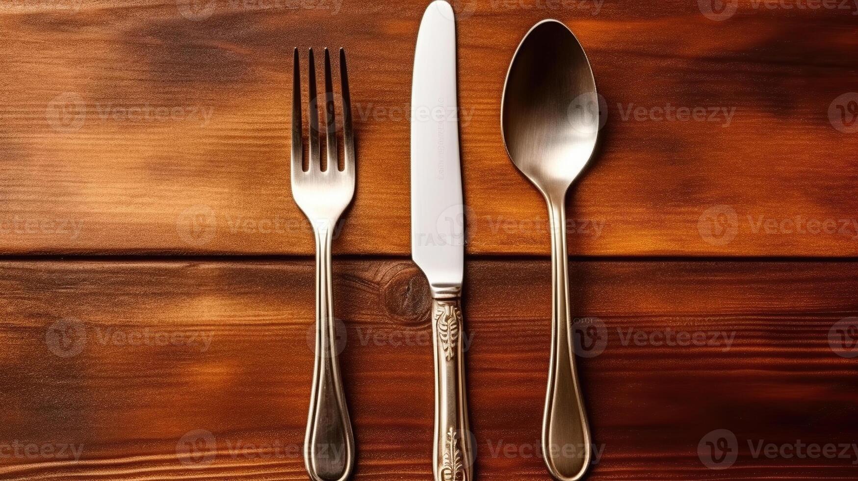 Vintage silver knife and fork on brown wooden textured table. Classic