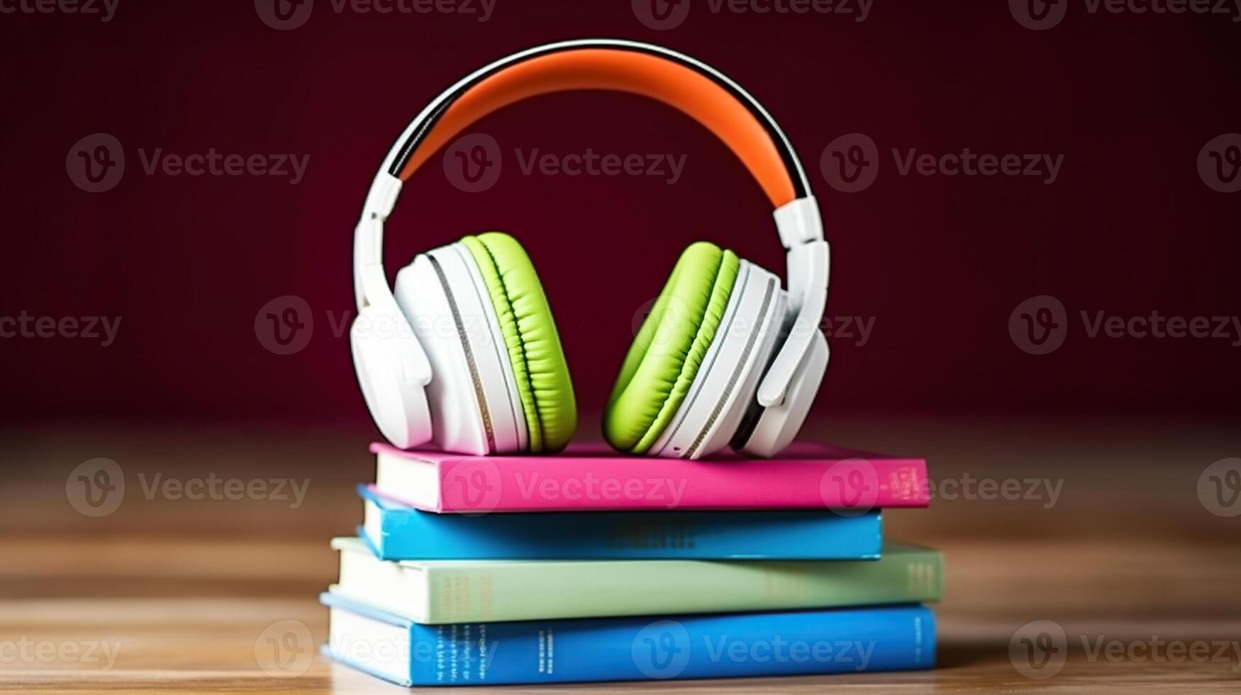 Colorful Inspiration, A Tabletop Composition of Stacked Hardcover Books, Vibrant Blank Covers, and Headphones. Generative AI photo