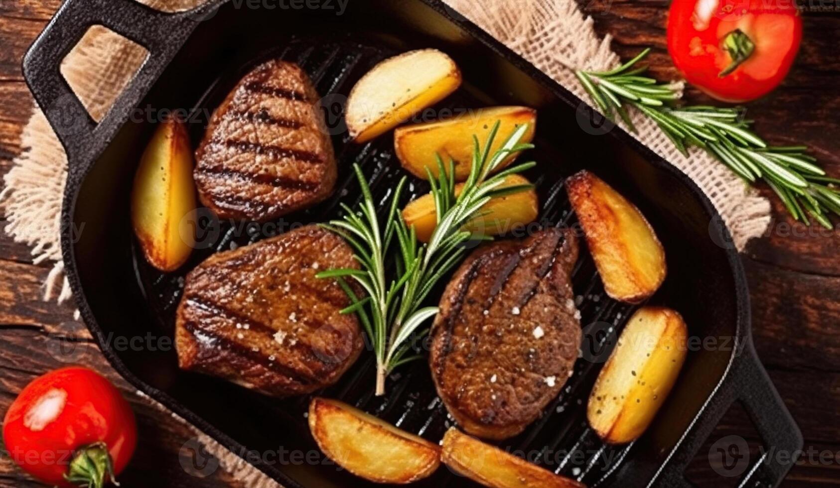 Beef Medallion Grilled Country Potato Flat Lay on Rustic Black Pan Serving for Delicious Recipe. Pork Fillet Fried on Skillet for Dinner with Rosemary, Garlic and Salt. photo