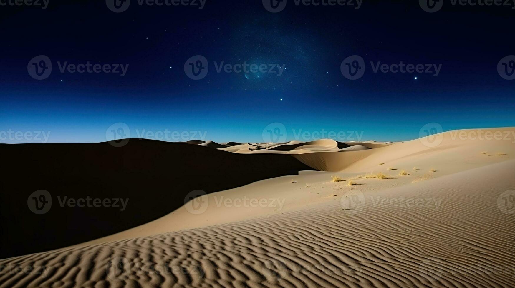 A Captivating Night Amidst the Desert Sand Dunes. Generative AI photo