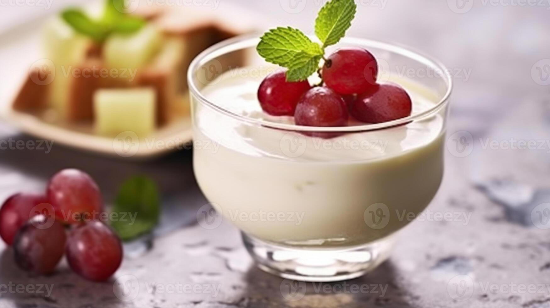 Panna Cotta Sweet Grape Dessert Classic Refreshing. Delicious Vanilla Cooked Cream Yogurt with Fruit Thickened with Gelatin and Molded Decorated Vine Green Leaves. photo