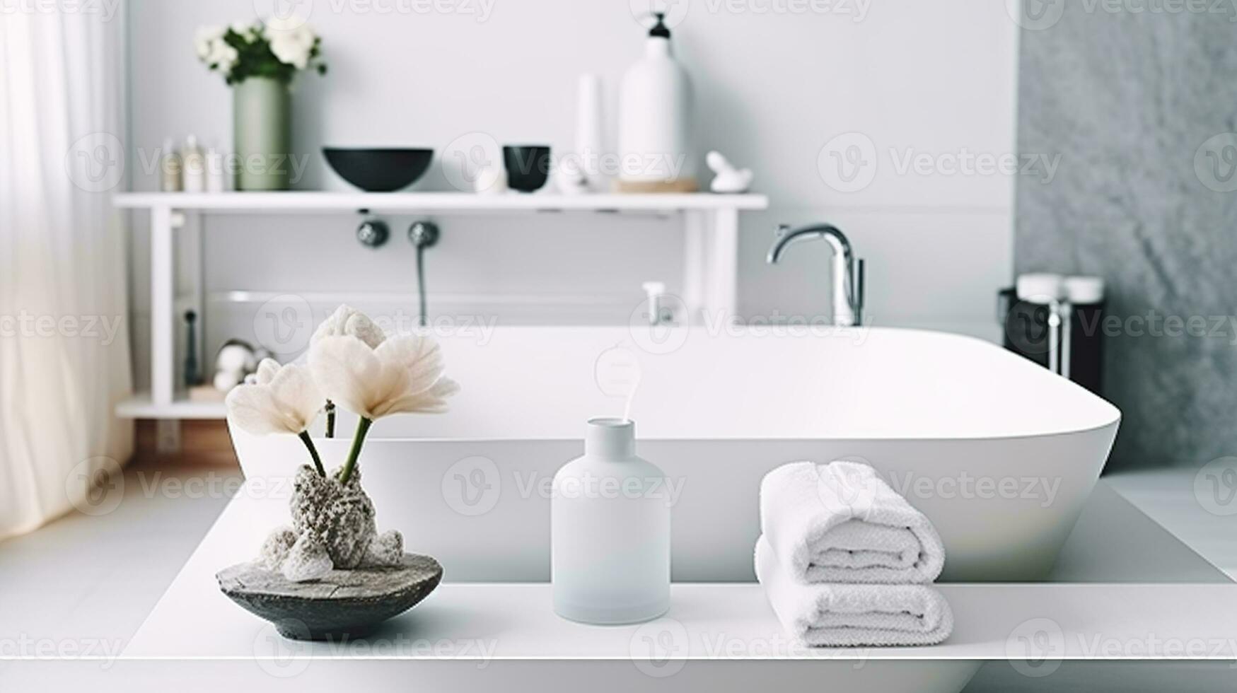 Modern White Bathroom Interior Design. Contemporary Apartment Concept Front View Stylish Room, Elegant Bathtub Counter. Generative AI photo