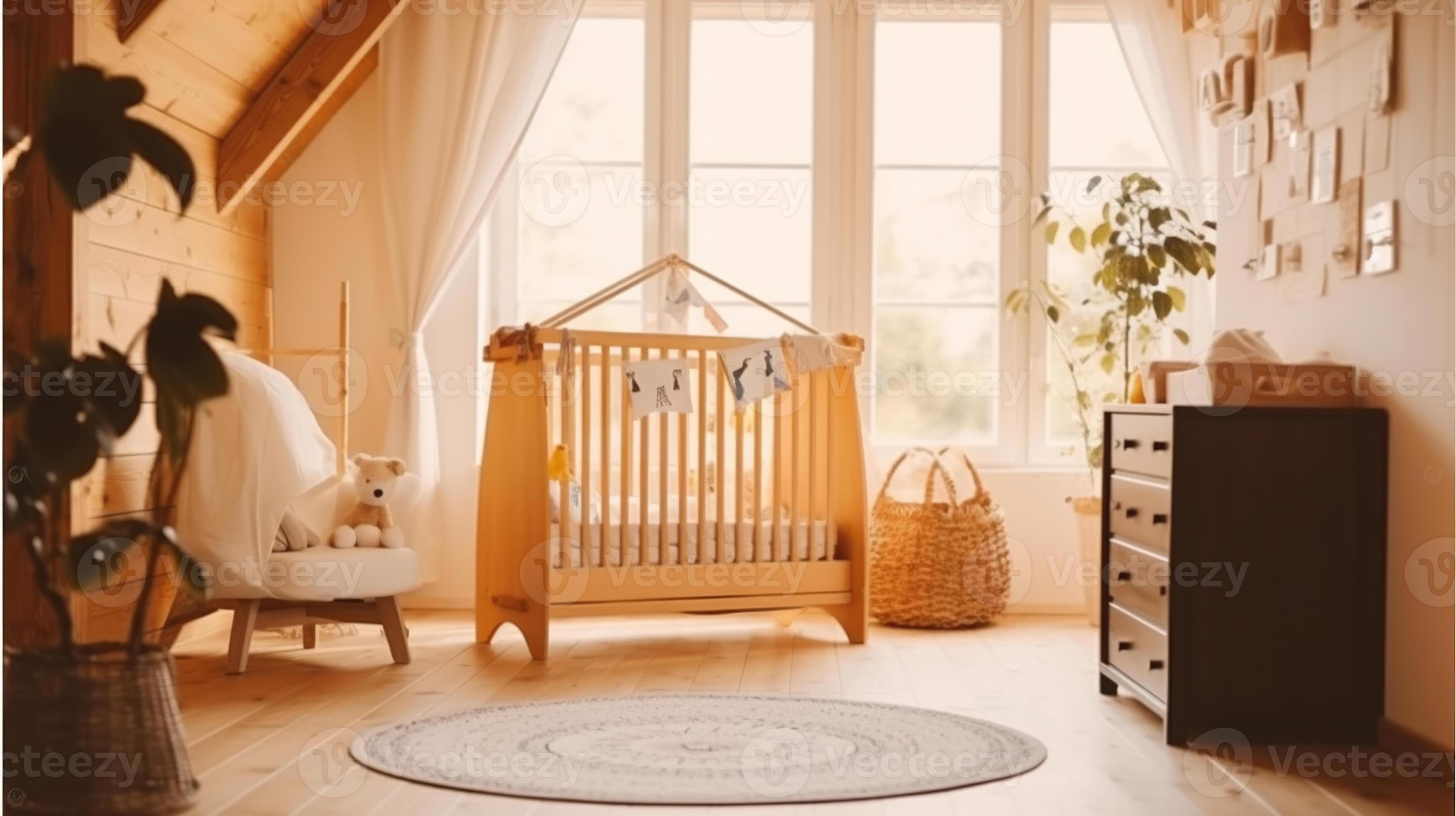 Chalet Baby Bedroom Interior with Cozy Cradle Bed. Light Brown Childish  Room with Wooden Empty Cot. Beautiful Child Toy in Large Cottage  Background. Generative AI 27078374 Stock Photo at Vecteezy