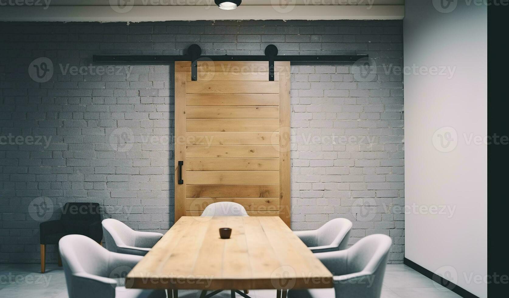 corredizo de madera puerta en espuma ladrillo pared de reunión habitación, conceptual acogedor interior. mesa y elegante sillón. conferencia corporativo negocio lugar de trabajo. generativo ai foto