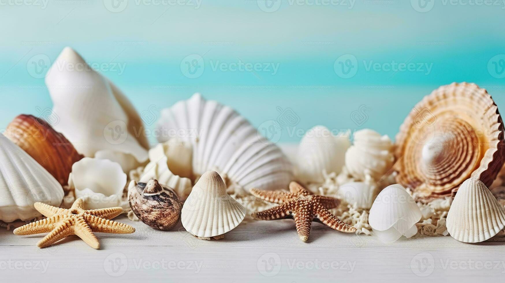 Invoking Summer Vibes with a Composition of Beach Starfish, Shells, and a White Wooden Table. Generative AI photo