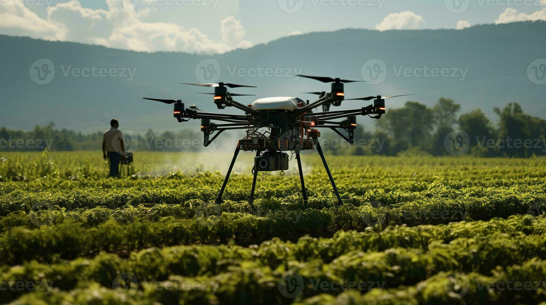 Farmer technicians remotely fly agricultural drones to fly to spray fertilizer in fields. Generative AI photo