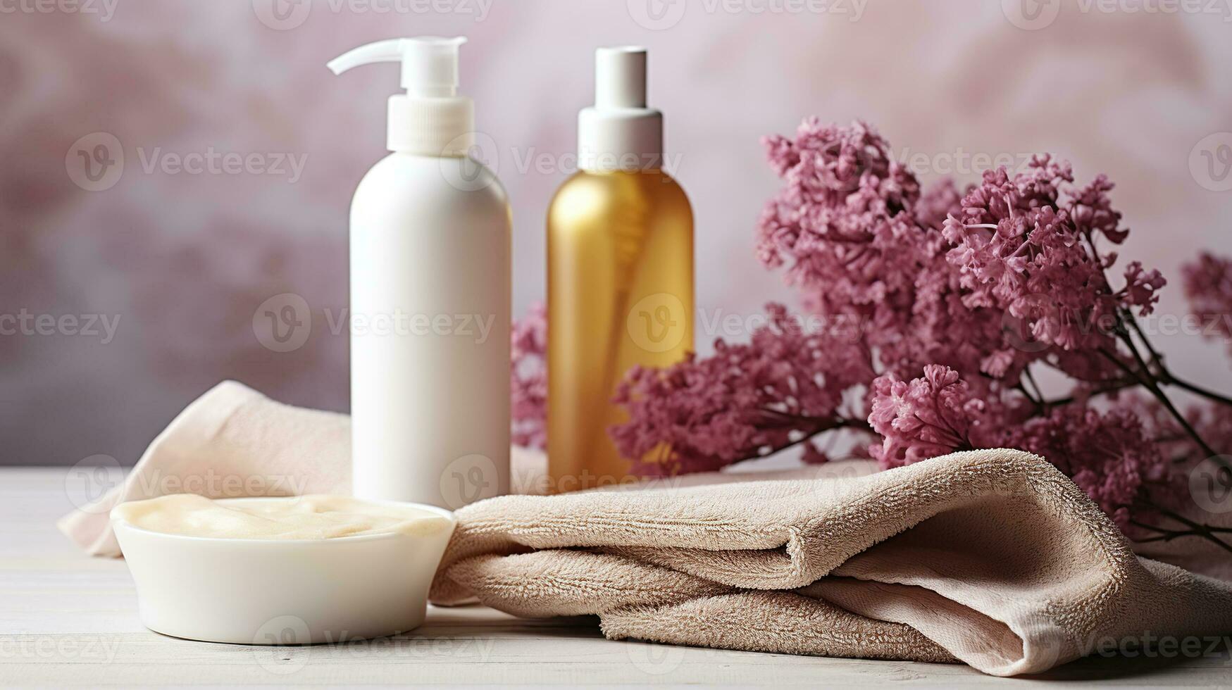 Set of cosmetic products, clean towel and dried hydrangea on light background. Generative AI photo