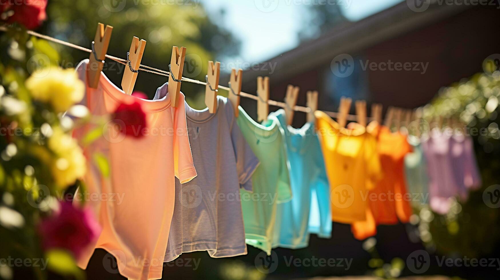 Children's Colorful Clothes Dance in the Sunlight on the Clothesline. Generative AI photo