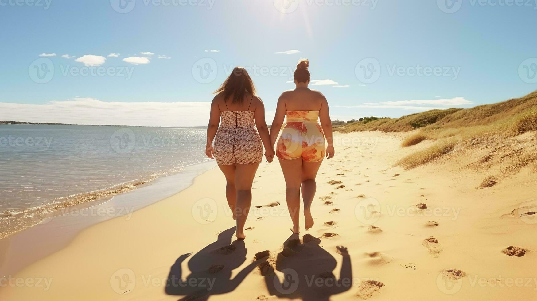 Back View Female friends couple with obesity walks along seacoast at sandy beach, beautiful sunlight on seashore, Generative AI photo