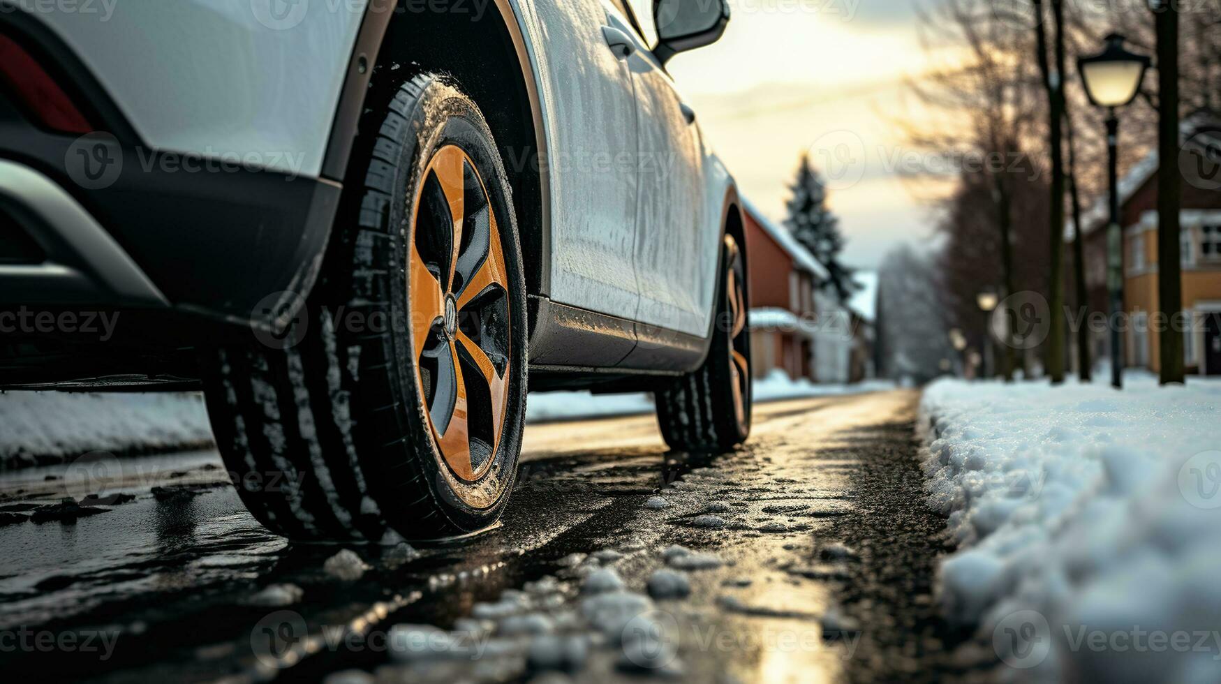 Car with Winter Tires Conquers the Snowy Terrain, Generative AI photo