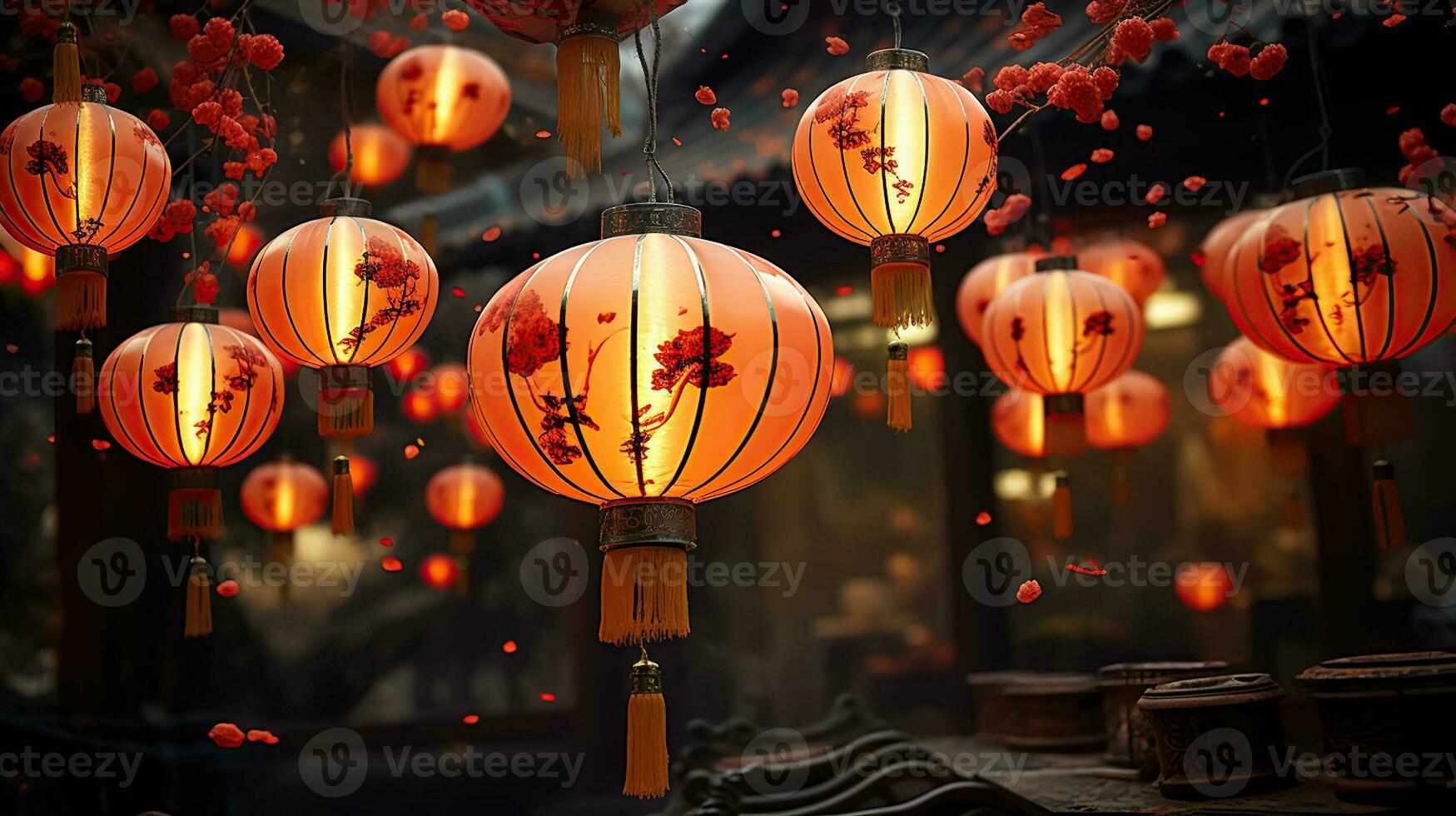 Vibrant Chinese New Year Lanterns and Ornaments. Generative AI photo