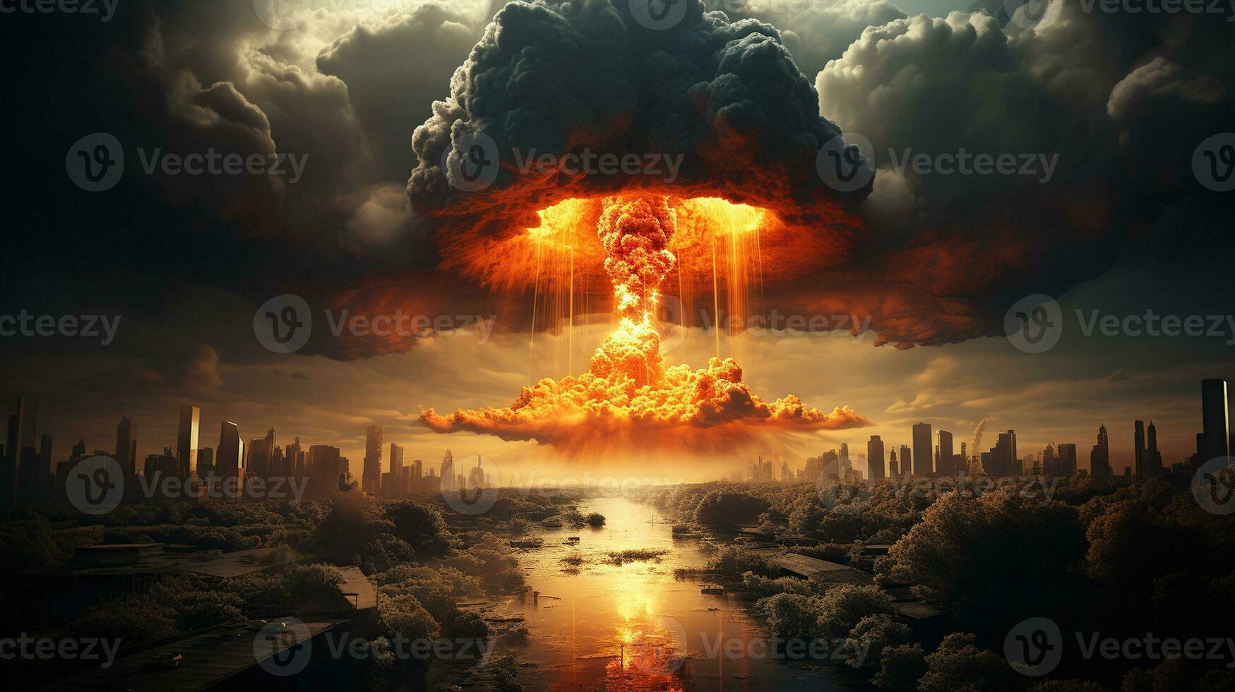 Explosion nuclear bomb. nuclear war, terrible devastation, mushroom cloud, Generative AI photo