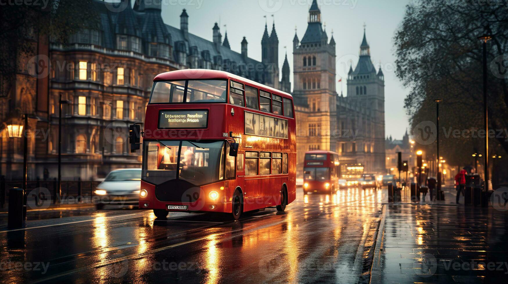 The Iconic Double Decker Bus Graces the Wet Streets photo