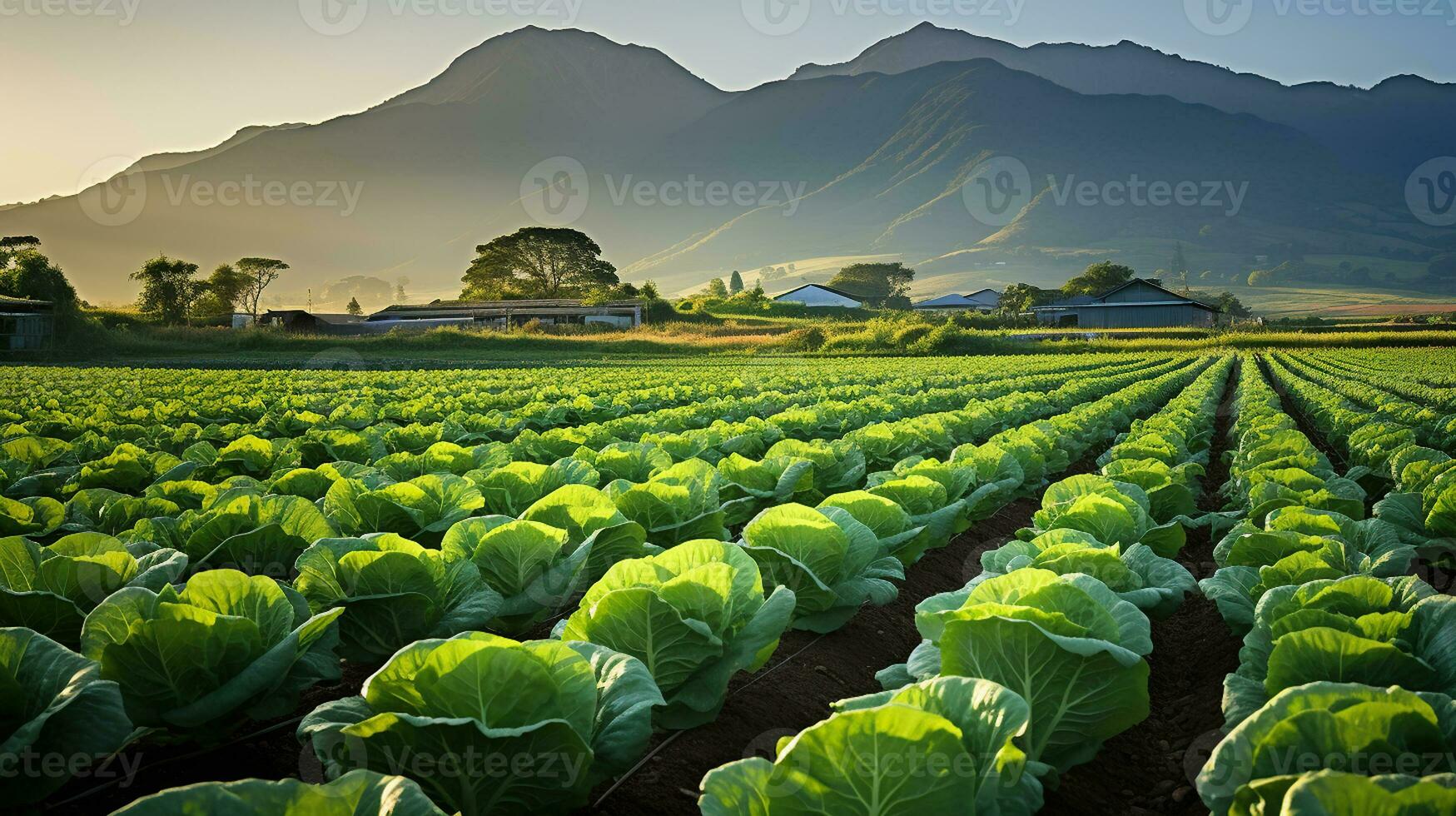 campo de orgánico lechuga creciente en un sostenible granja con hermosa montañas en Mañana. generativo ai foto