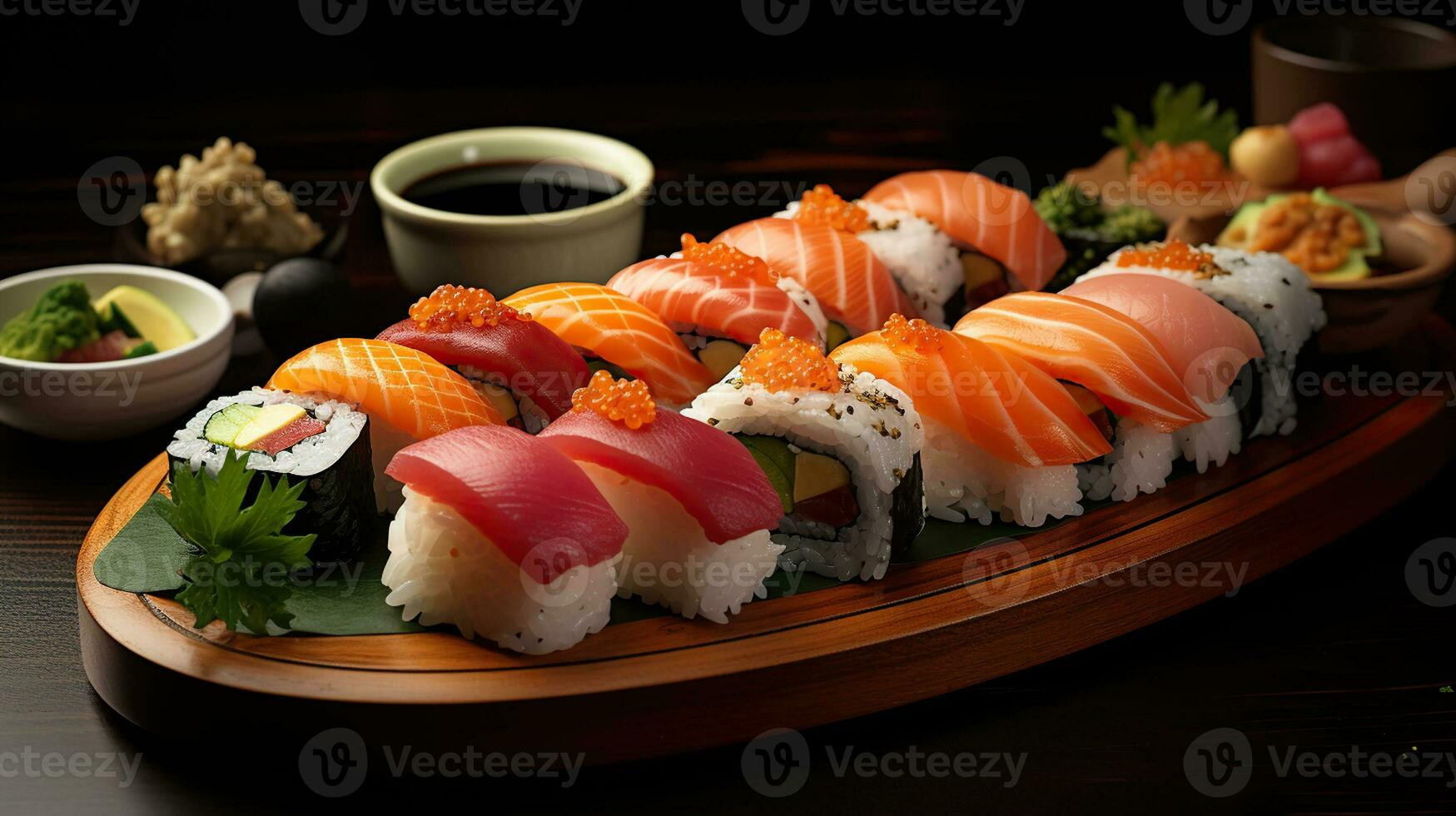 un conjunto de Sushi en el mesa. generativo ai foto