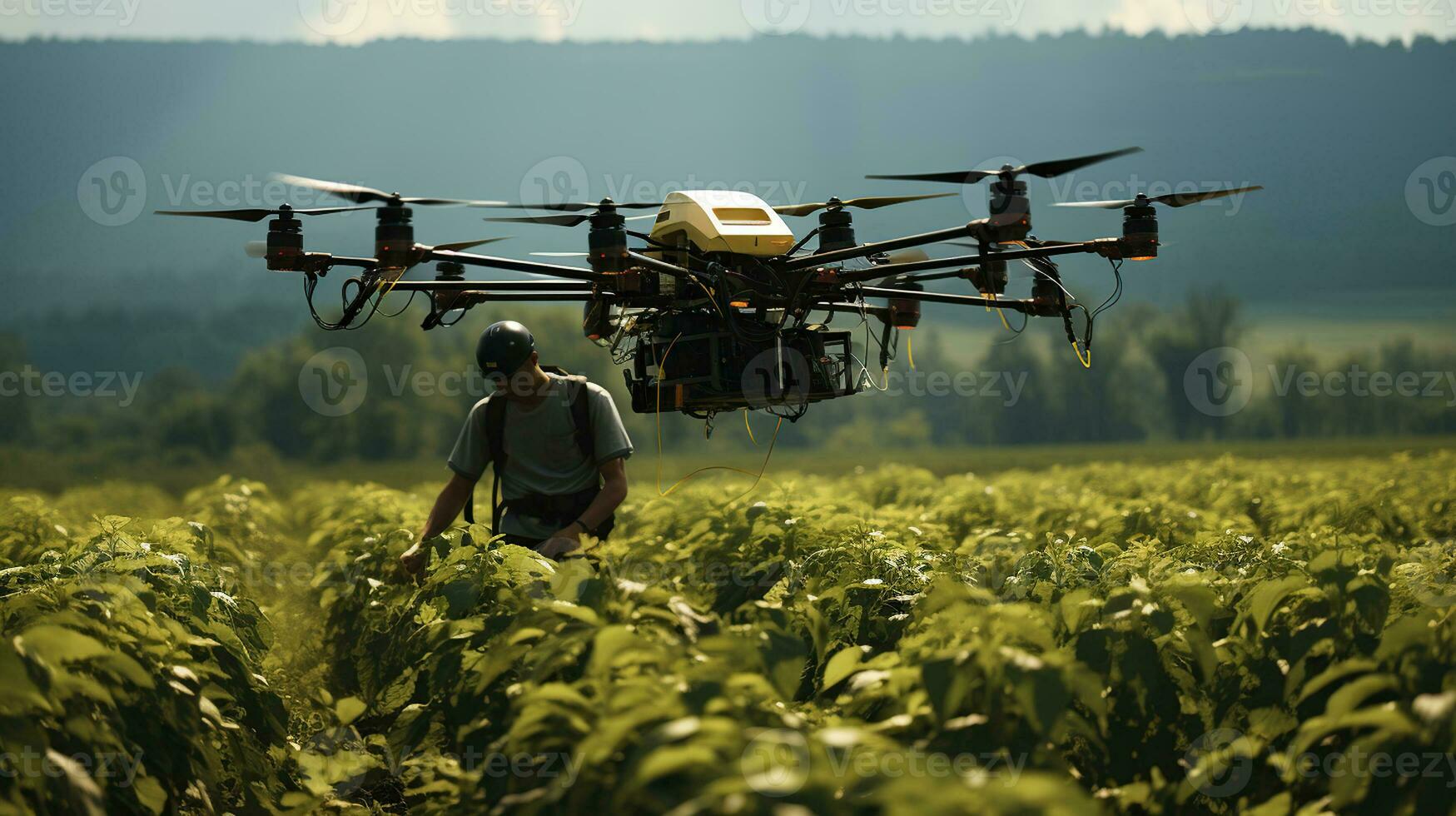 Agricultural technology smart farm concept. Farmer technicians remotely fly agricultural drones to fly to spray fertilizer in fields. Generative AI photo