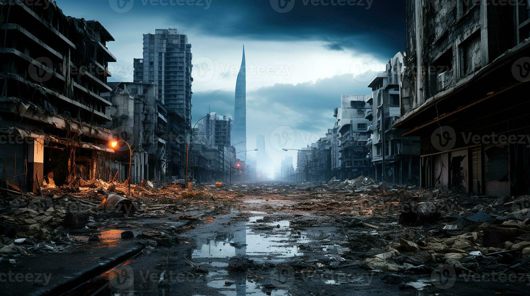 Abandoned broken big city with skyscrapers after a disaster, tornado, earthquake or war. The concept of the end of the destruction. Generative AI photo