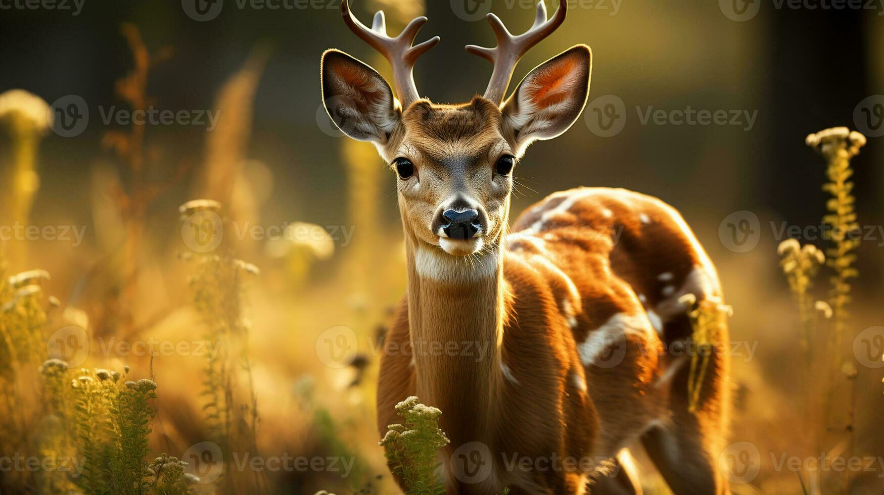 Adorable deer fawn in forest. Wildlife scene in nature. Generative AI photo