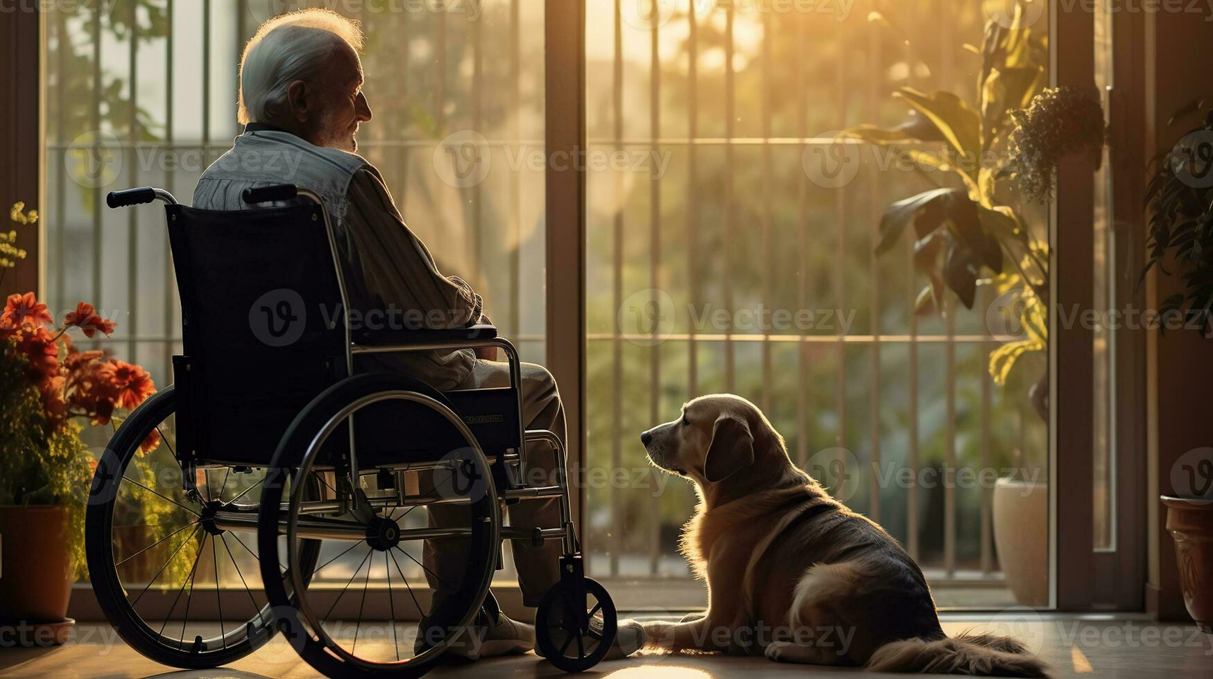 A Senior Man and His Dog Share a Quiet Moment by the Nursing Home Window. Generative AI photo