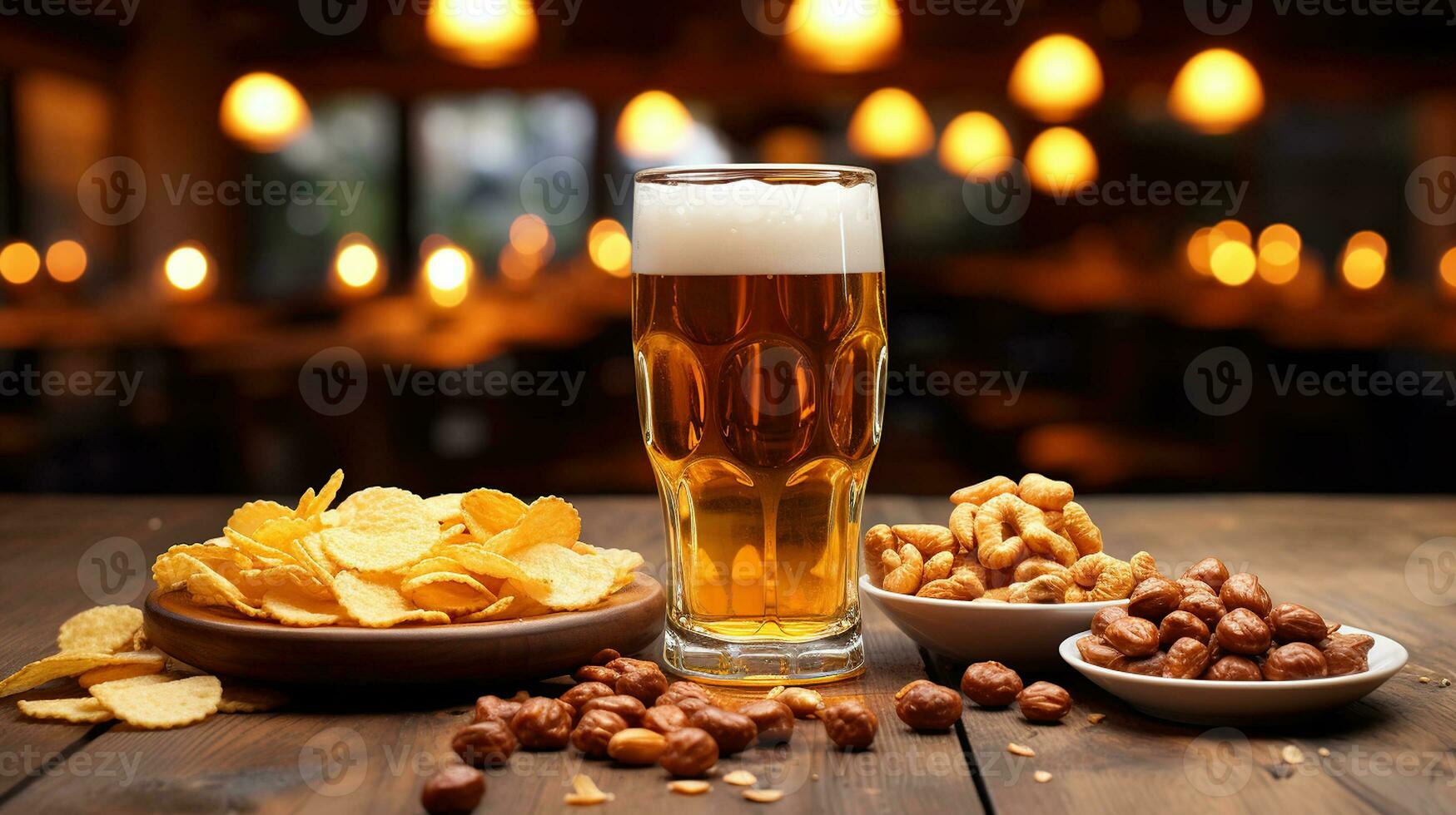 Freshly poured glass of light beer with foam and snacks, on a wooden table. Generative AI photo