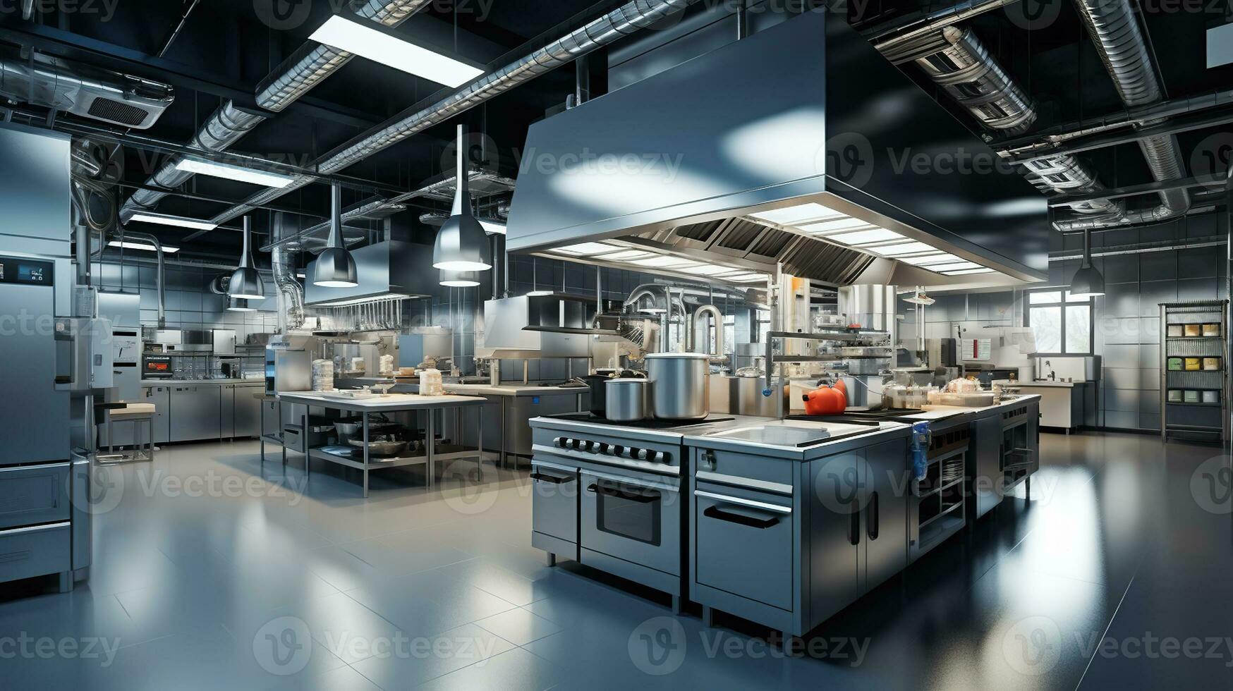 Food Production on a Grand Scale. Inside an Industrial Massive Central Kitchen. Generative AI photo