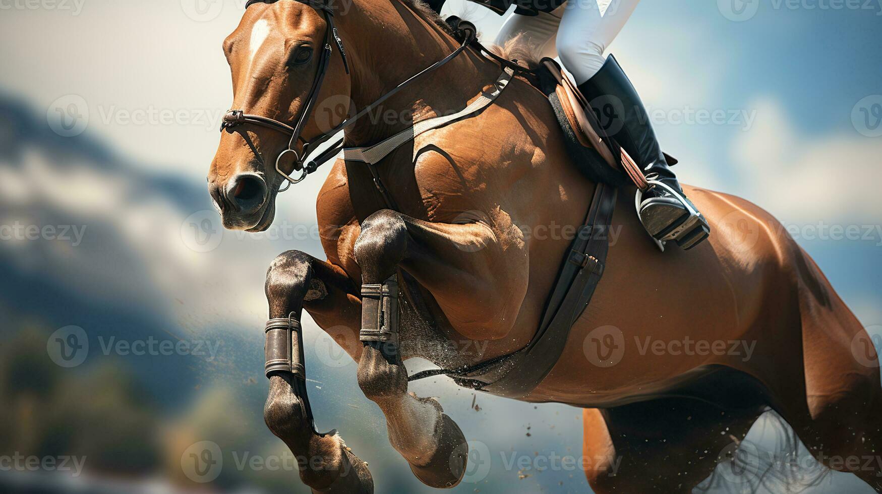 Thrilling Horse Jumping Displaying Athleticism and Skill. Generative AI photo