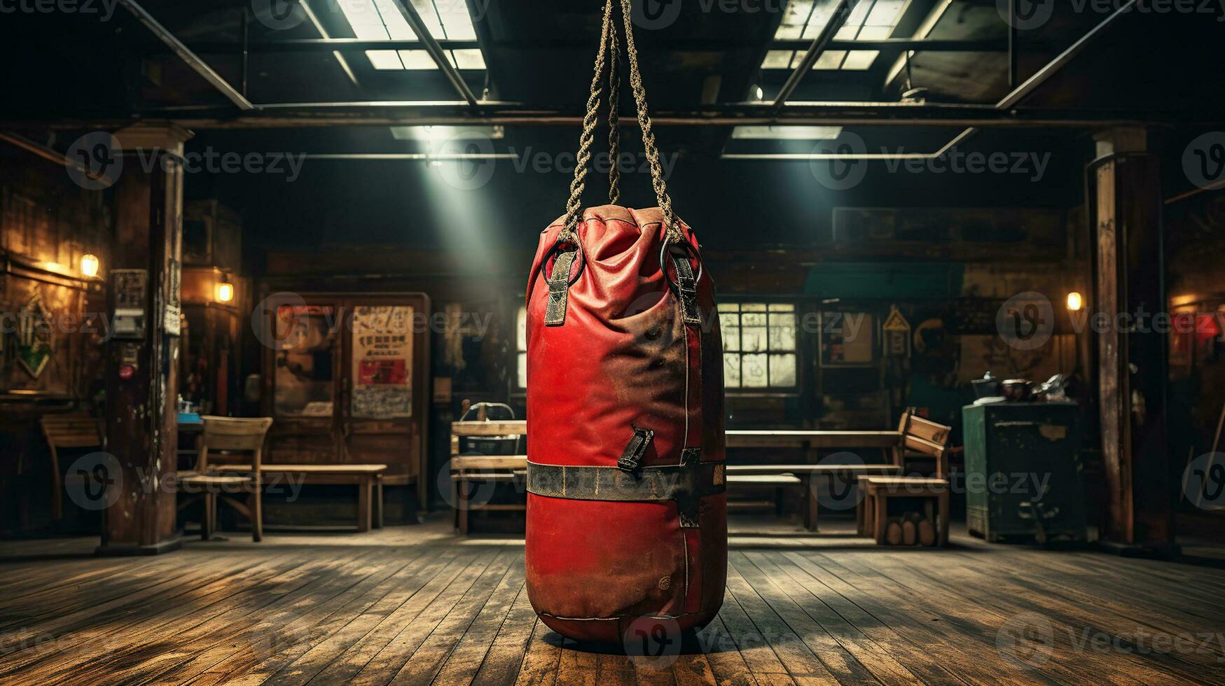 Timeless Workout, Vintage Gym Room with Classic Leather Boxing Bag photo