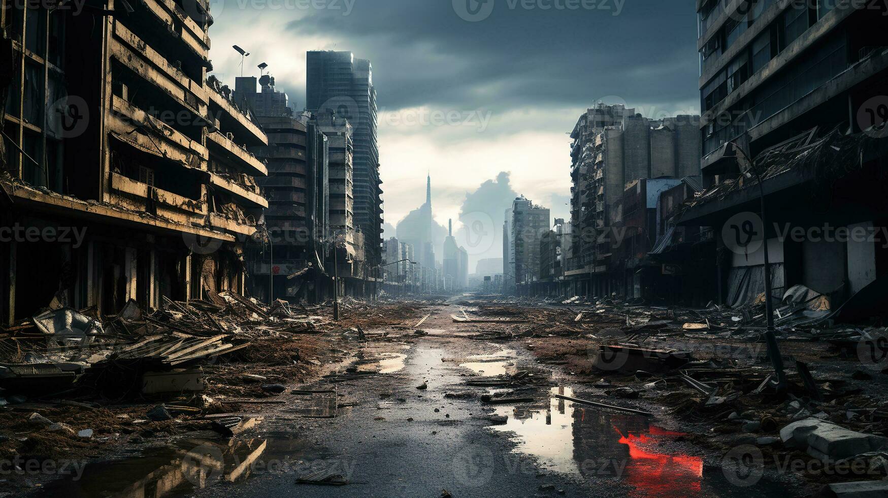 Abandoned broken big city with skyscrapers after a disaster, tornado, earthquake or war. Generative AI photo