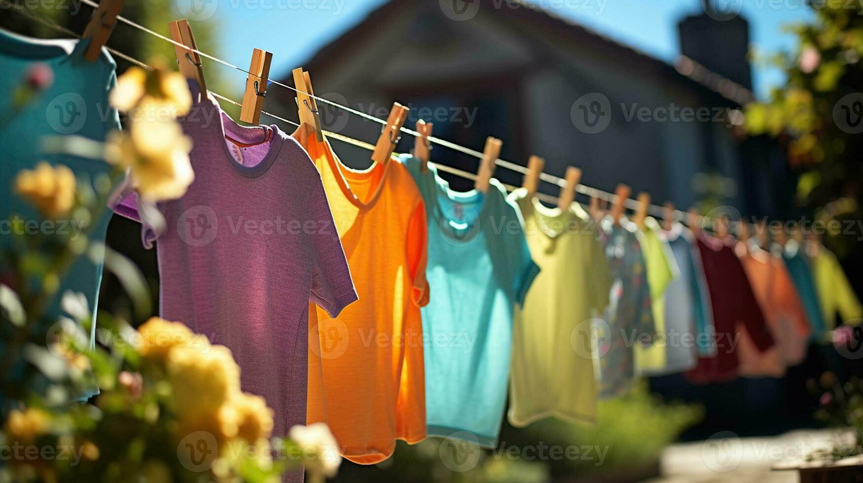 After being washed, childrens colorful clothing dries on a clothesline in the yard outside in the sunlight. Generative AI photo