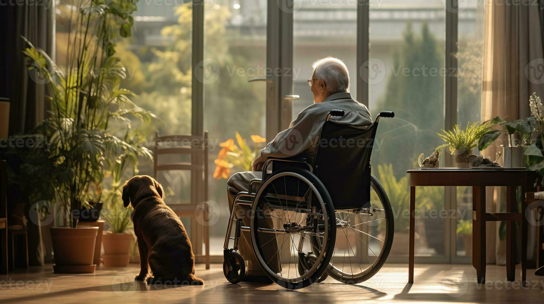 A Lonely Elderly Man and His Faithful Dog in the Nursing Home. Generative AI photo