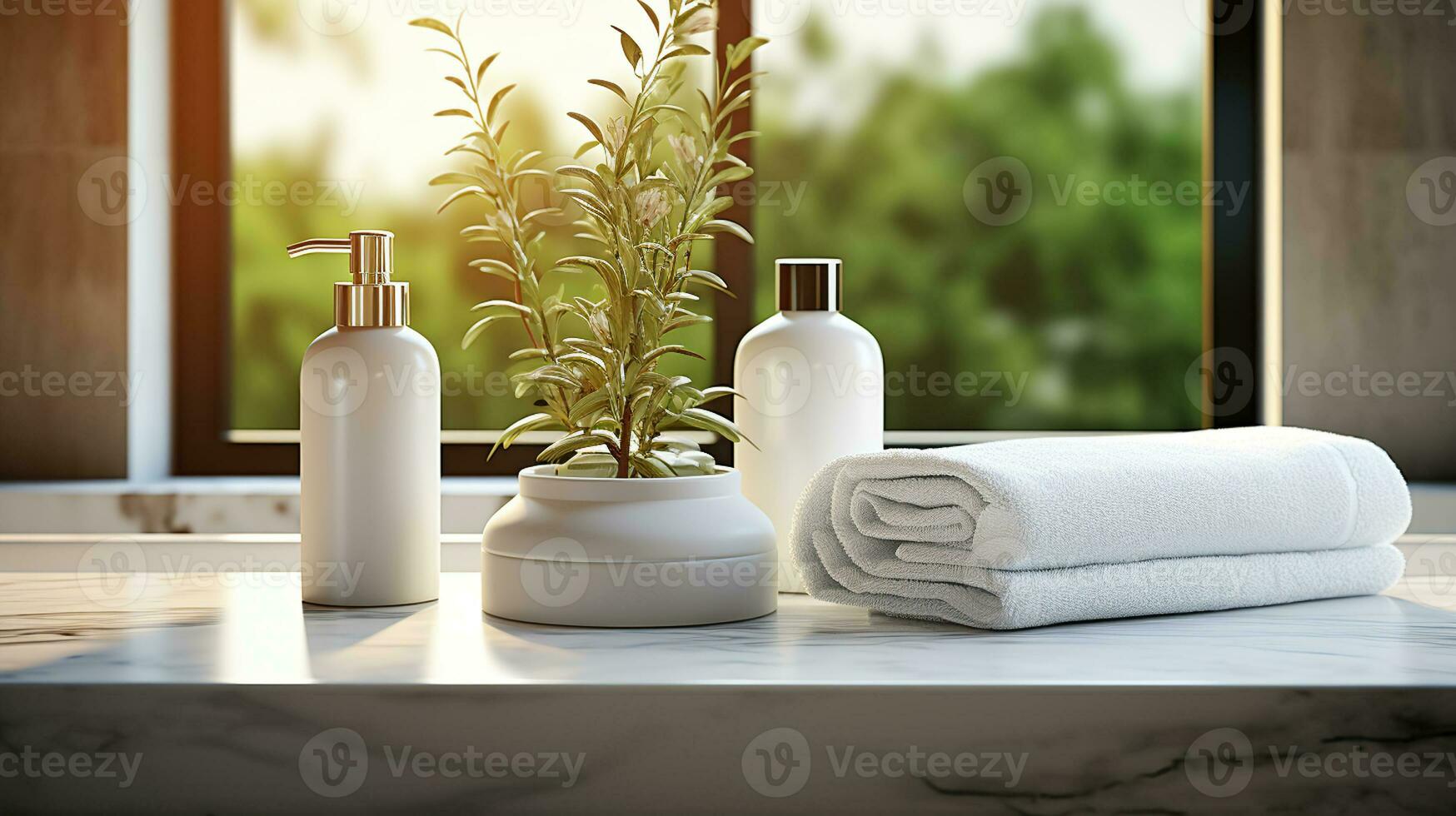 Empty Tabletop Product on Table Bathroom Interior with Blurred Background. Generative AI photo