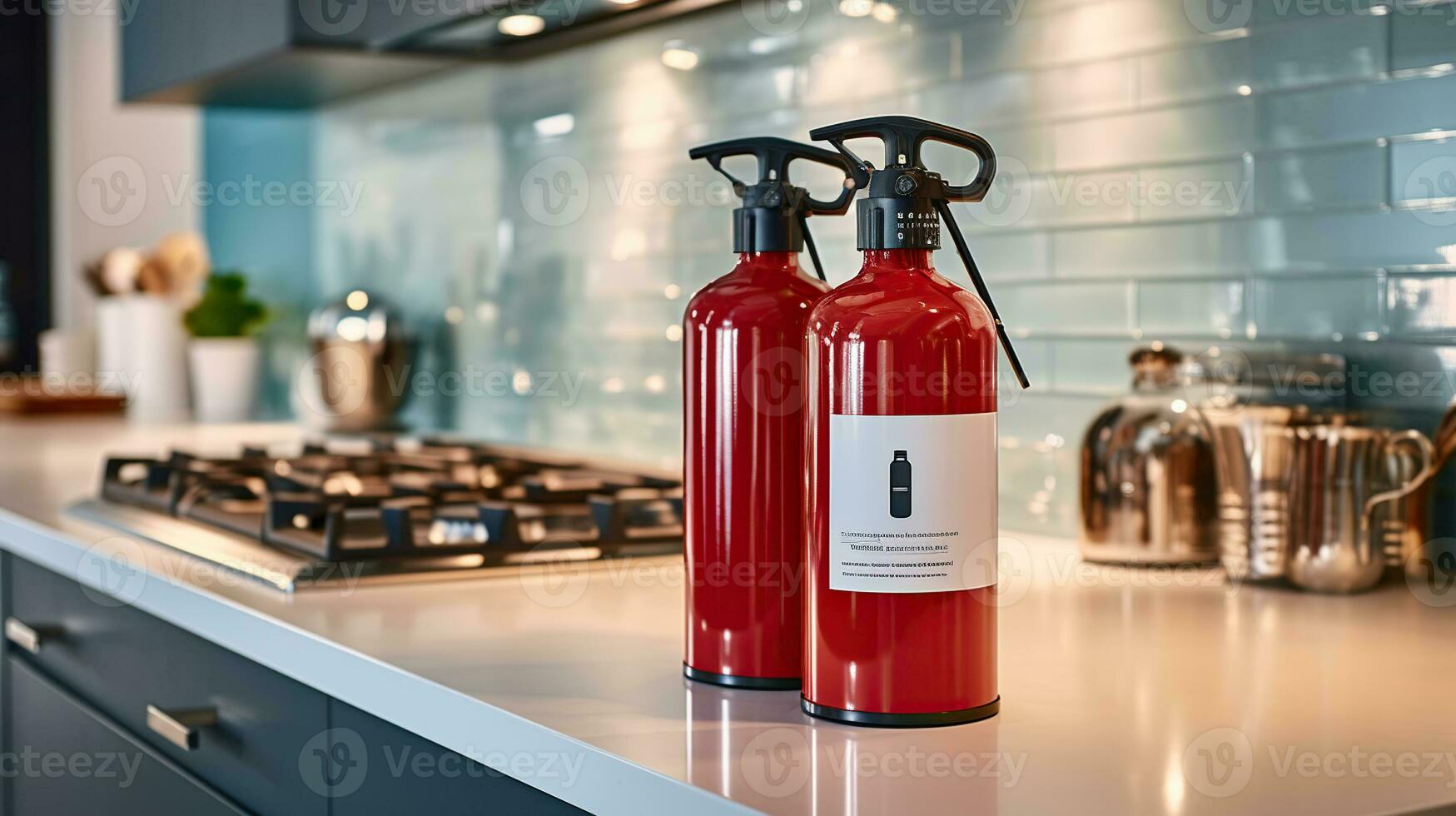 Kitchen interior with fire extinguisher and cooking unit on the white countertop. Generative AI photo