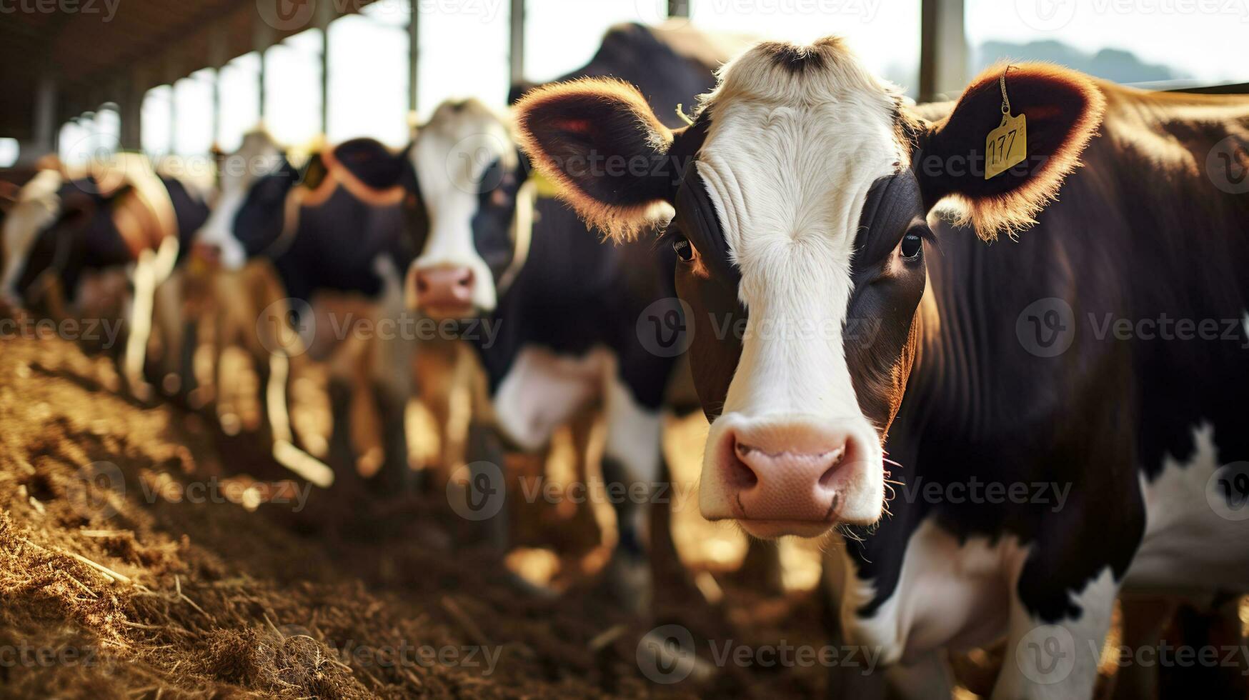 Group of cows at cowshed eating hay or fodder on dairy farm. Generative AI photo
