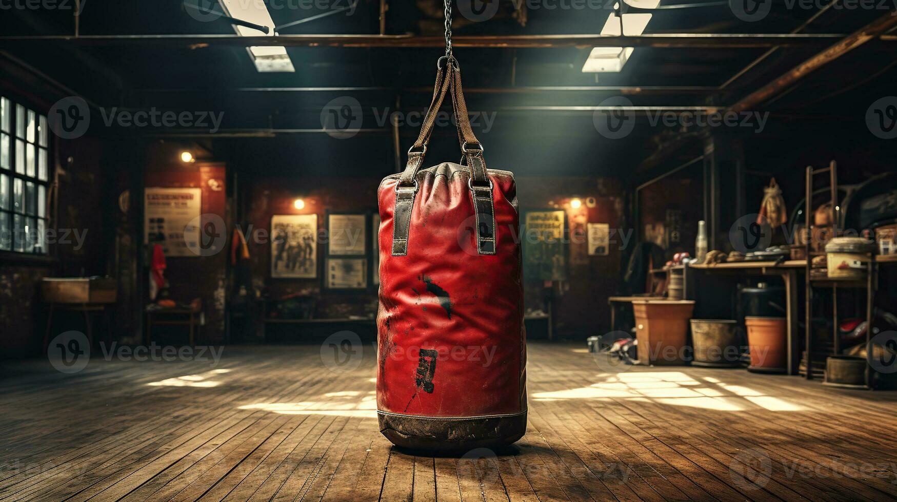 Old vintage gym room with old vintage boxing leather bag. Generative AI photo