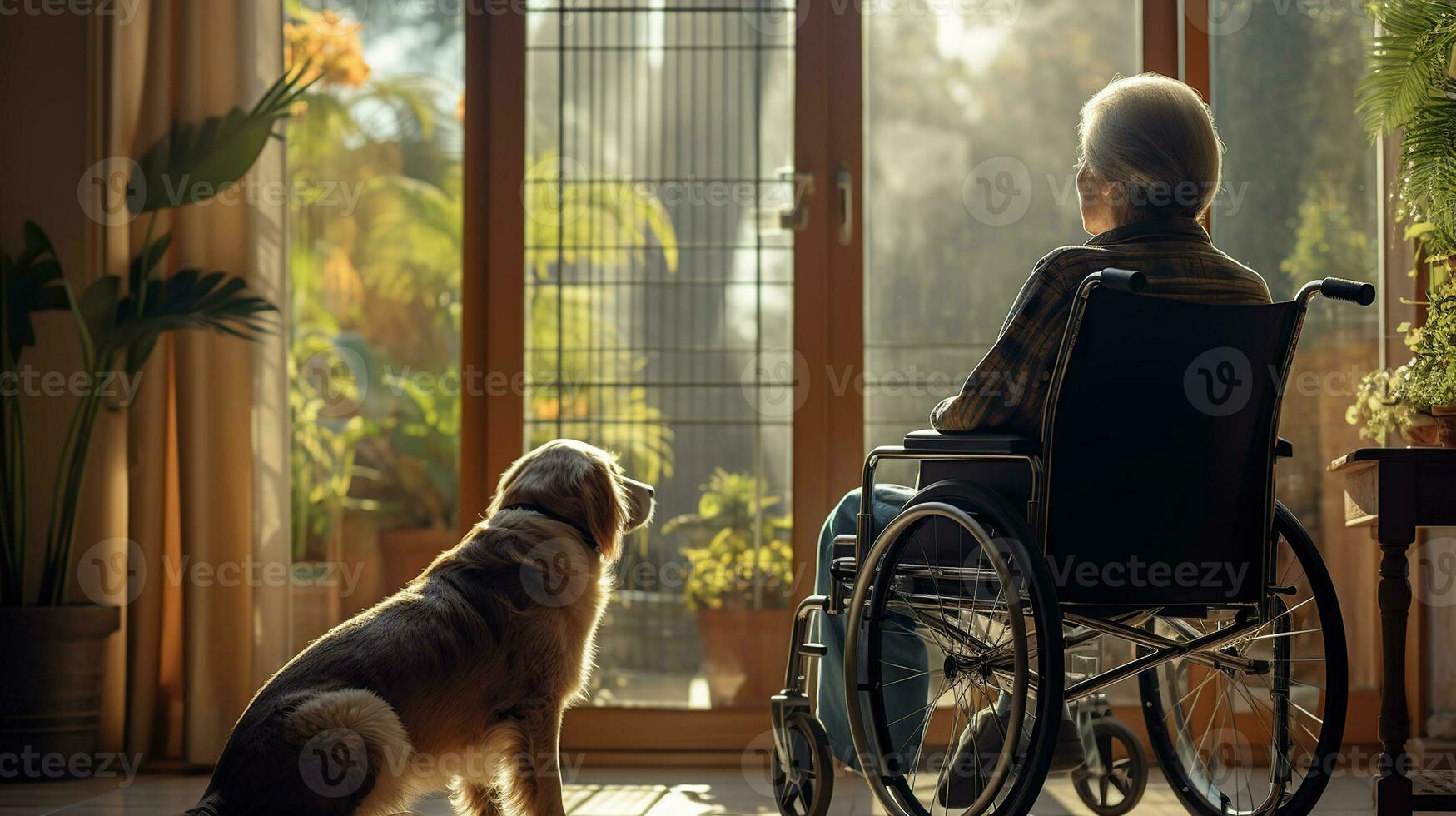 Rear View Lonely elderly senior man in a wheelchair with his dog in nursing home looking out the window. Generative AI photo