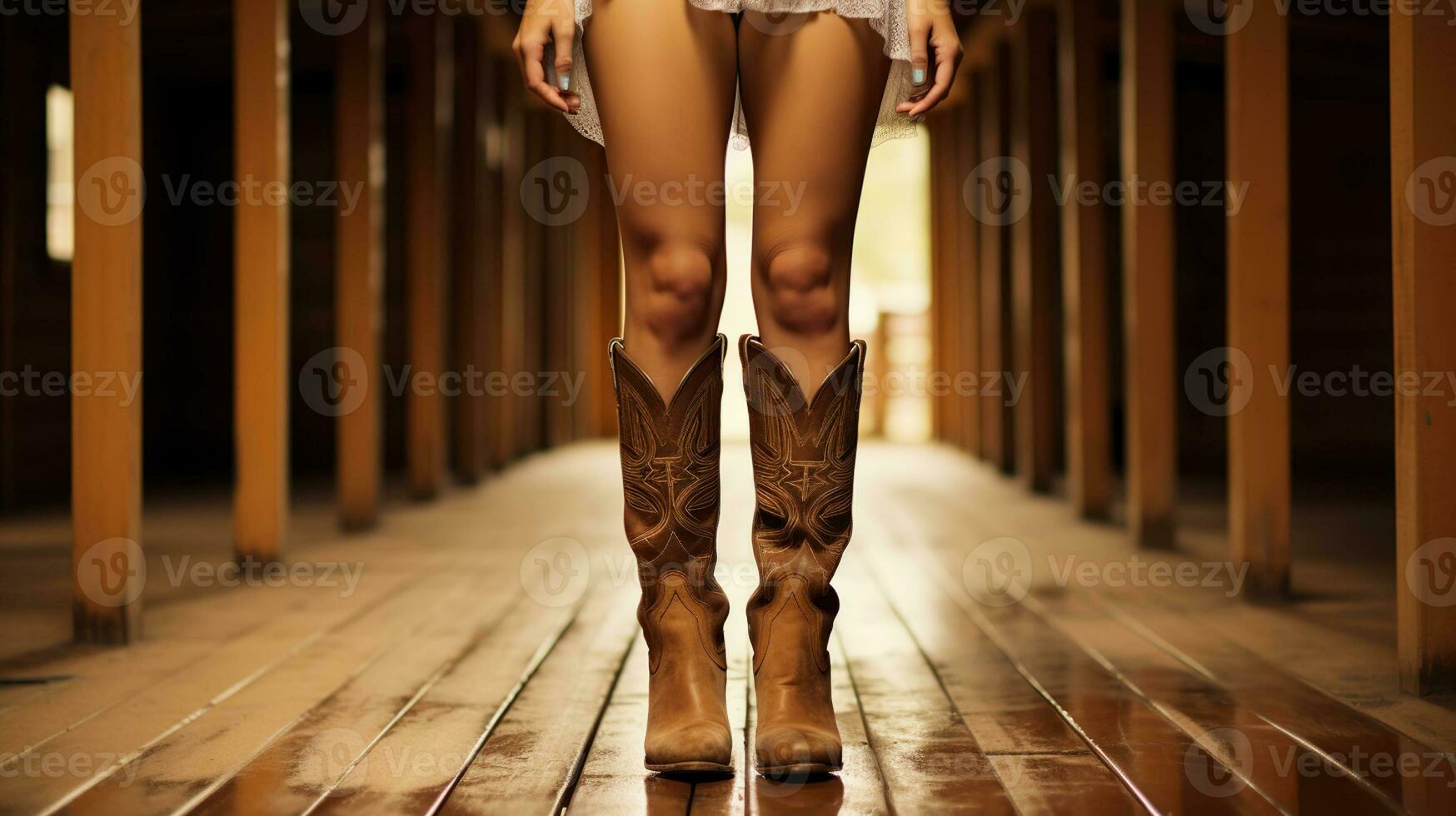 Embracing the Beauty of Wooden Floors and Graceful Legs in Cowboy Boots. Generative AI photo