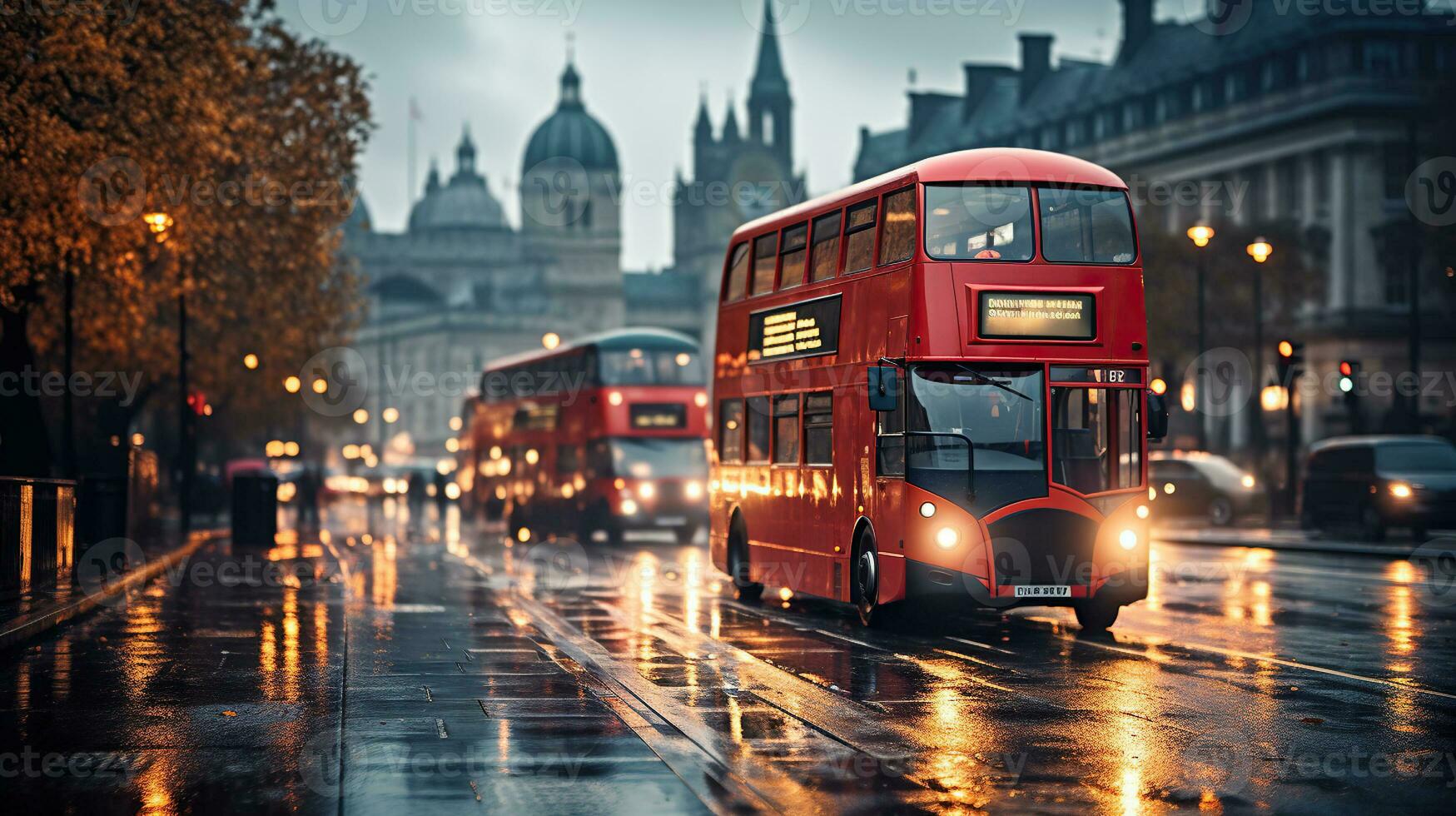 The Iconic Double Decker Bus Graces the Wet Streets photo