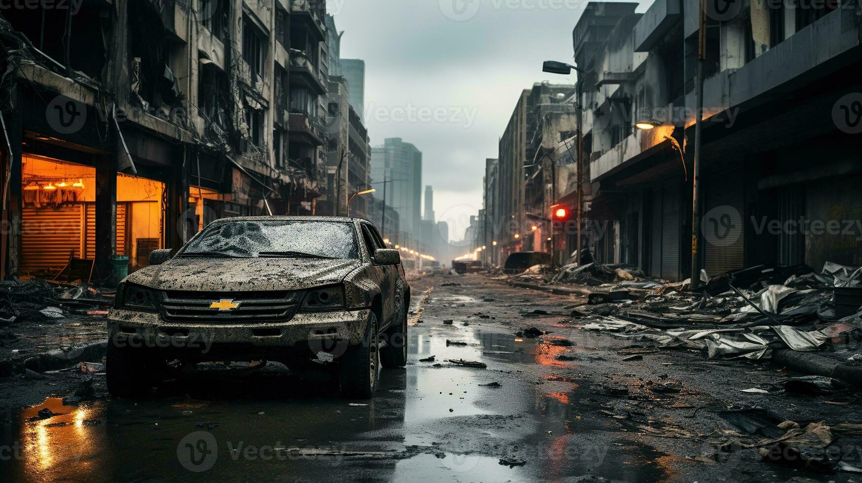 Abandoned broken big city with skyscrapers after a disaster, tornado, earthquake or war. Generative AI photo
