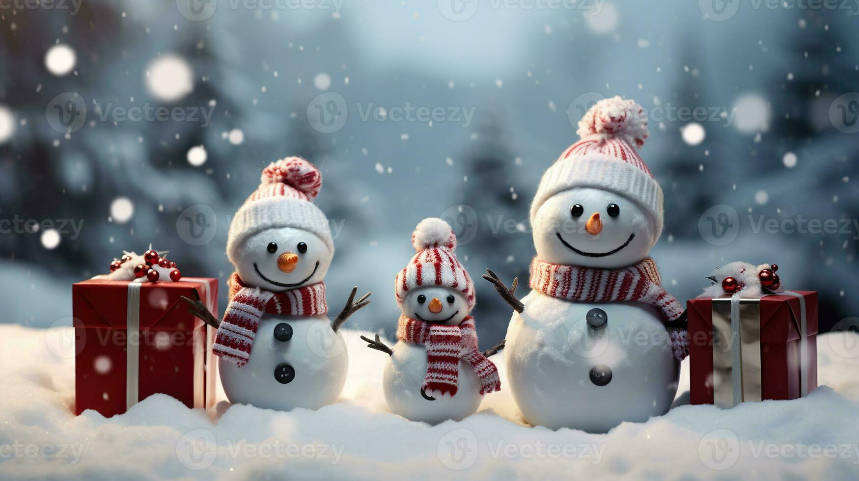 invierno mundo maravilloso deseos, Navidad bandera con regalo cajas y muñeco de nieve. generativo ai foto