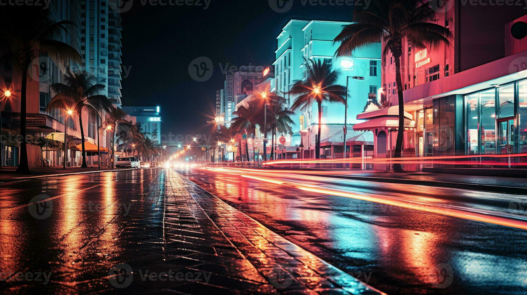 City Street Awash with Colors in Long Exposure. Generative AI photo