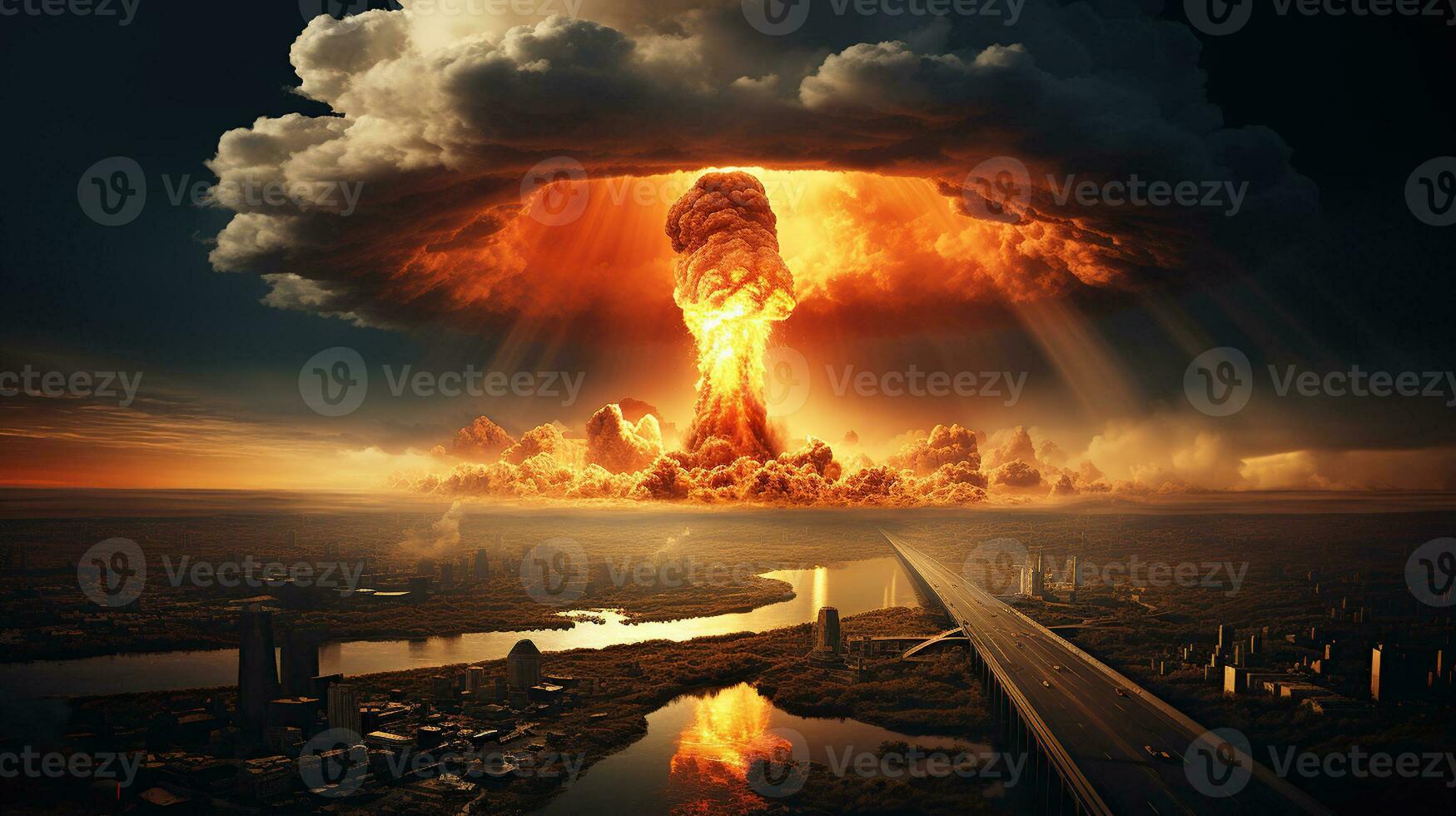 Explosion nuclear bomb. nuclear war, terrible devastation, mushroom cloud, Generative AI photo