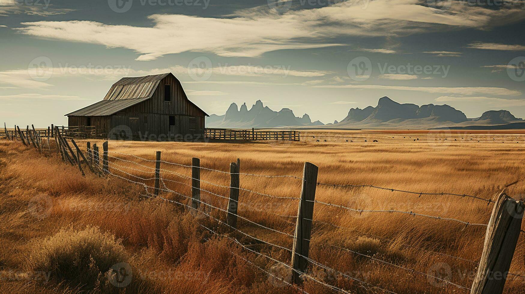 Barn and fence in a field in the prairie, Generative AI photo