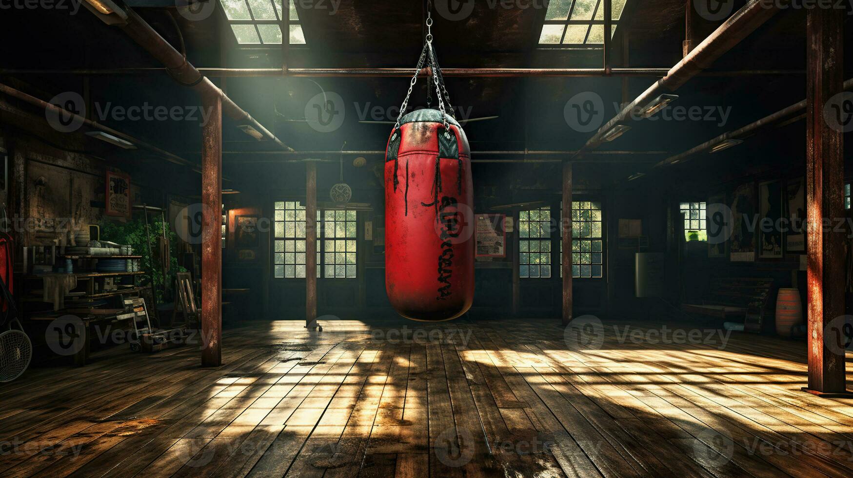 Boxing Bag Charm in the Old Gymnasium. Generative AI photo