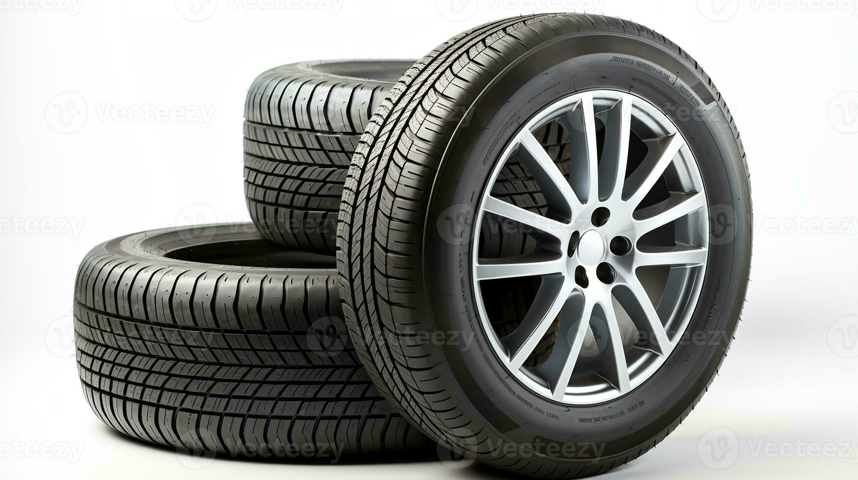 A pair of tires. Wheels of vehicles stacked up. lone automobile tires on a white background. Generative AI photo