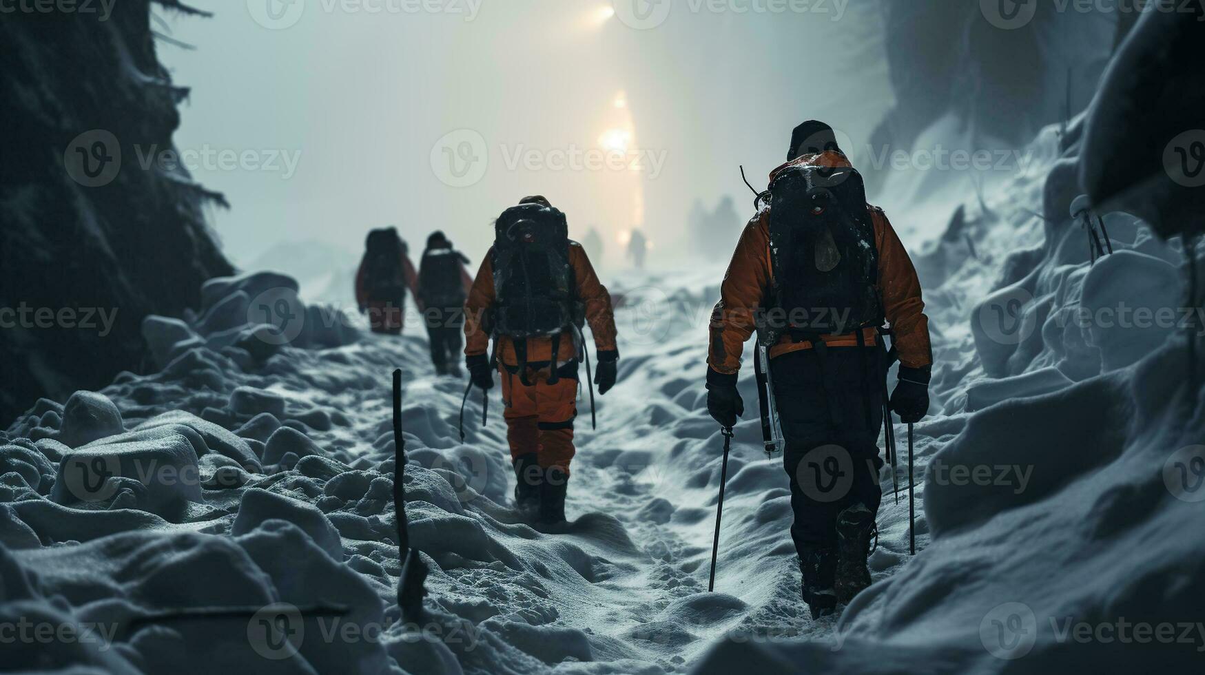 Rescue team navigates through a treacherous snowstorm, searching for missing people buried in an avalanche. Emergency response concept. photo