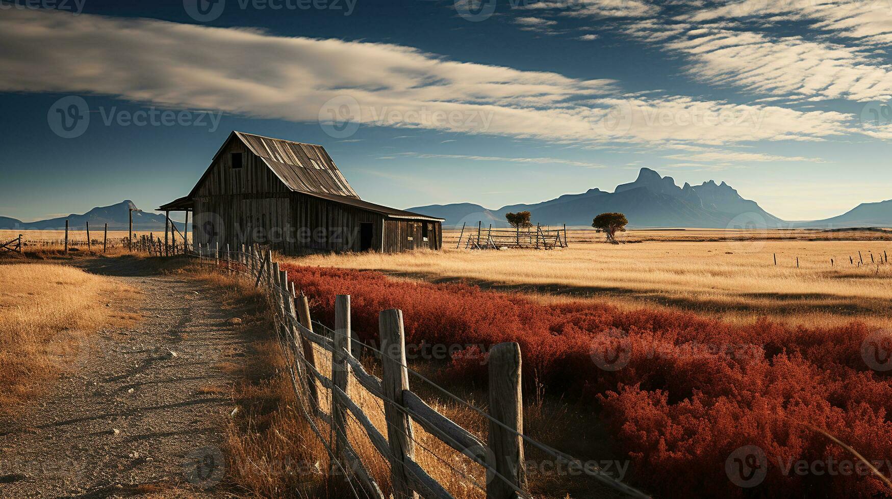 Prairie Serenity, A Barn and Fence Amidst Vast Fields. Generative AI photo